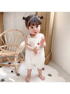 Hollow-out Crewneck Cotton Rompers